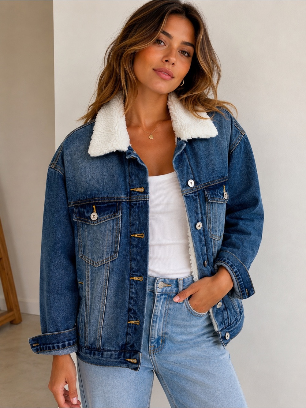 Love Tree Blue Denim Jacket with Cream Sherpa Collar